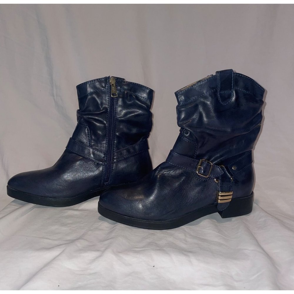 DbDk ankle bootie Navy  Zip Up Boots gold buckle Low Heel blue   Size 8